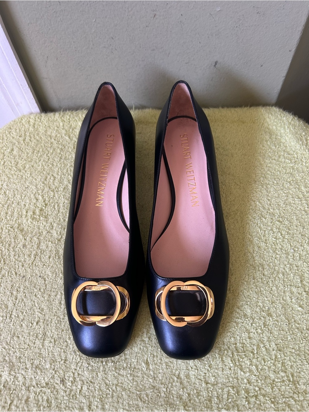 NWOB Stuart Weitzman Black Leather Flats with Gold Buckle